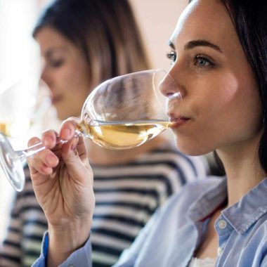 Beautiful young woman drinking wine with friends in bar